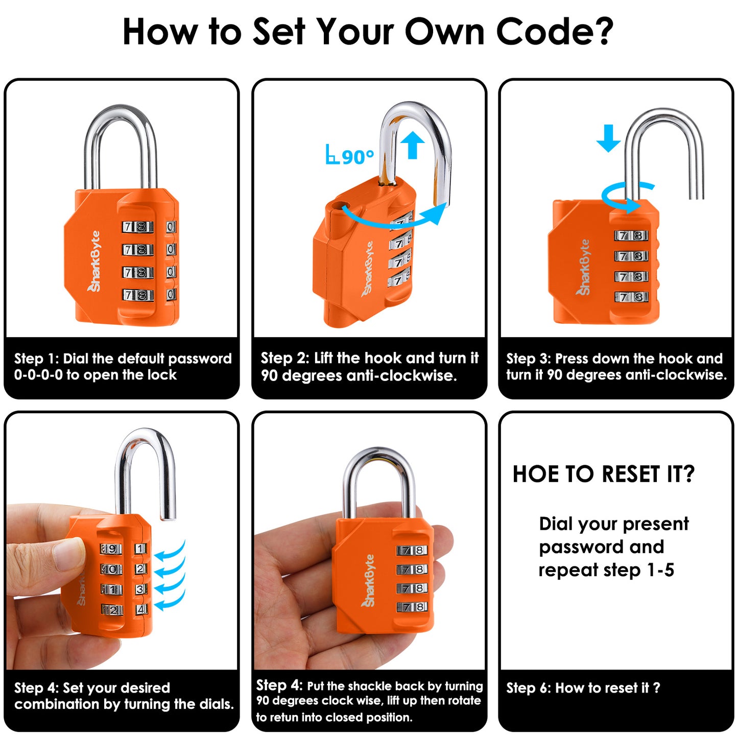 SharkByte Heavy Duty 4-Dial Combination Padlock – Weatherproof Outdoor Lock for Gym, School, Shed, Storage, Cabinet & Toolbox (1 / 2 / 3 / 4 Pack)