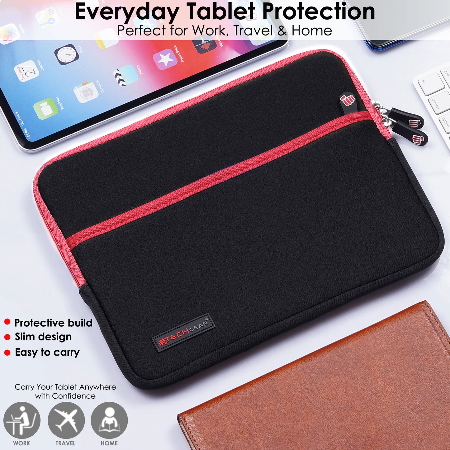 TECHGEAR Tablet Sleeve Case 7–13 Inch - Shockproof Neoprene Pouch with Bubble Protection, Zip Pocket, Slim Protective iPad Samsung Tablet Laptop Sleeve