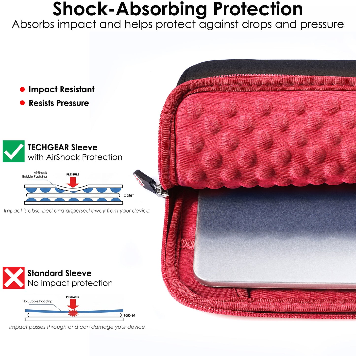 TECHGEAR Tablet Sleeve Case 7–13 Inch - Shockproof Neoprene Pouch with Bubble Protection, Zip Pocket, Slim Protective iPad Samsung Tablet Laptop Sleeve