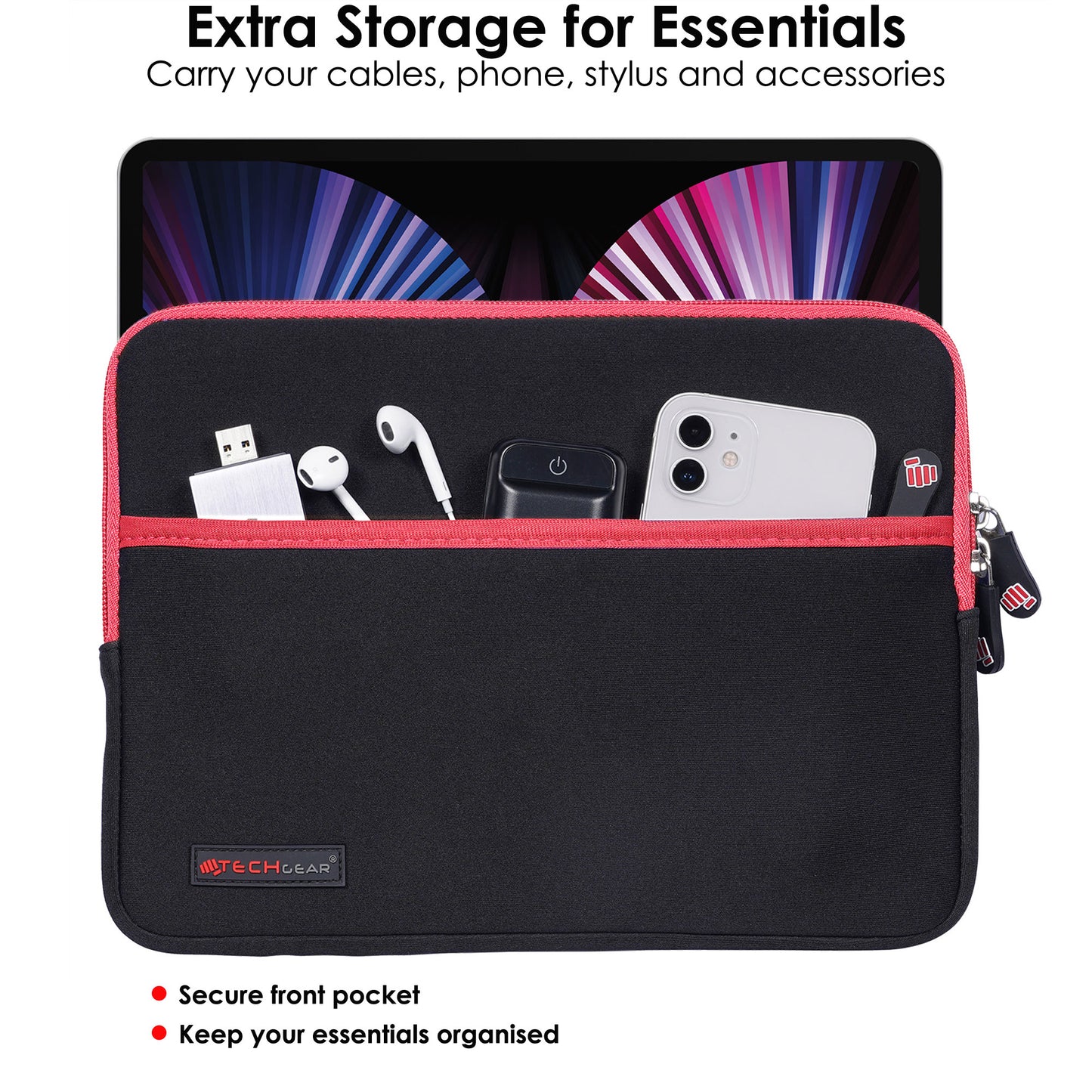 TECHGEAR Tablet Sleeve Case 7–13 Inch - Shockproof Neoprene Pouch with Bubble Protection, Zip Pocket, Slim Protective iPad Samsung Tablet Laptop Sleeve
