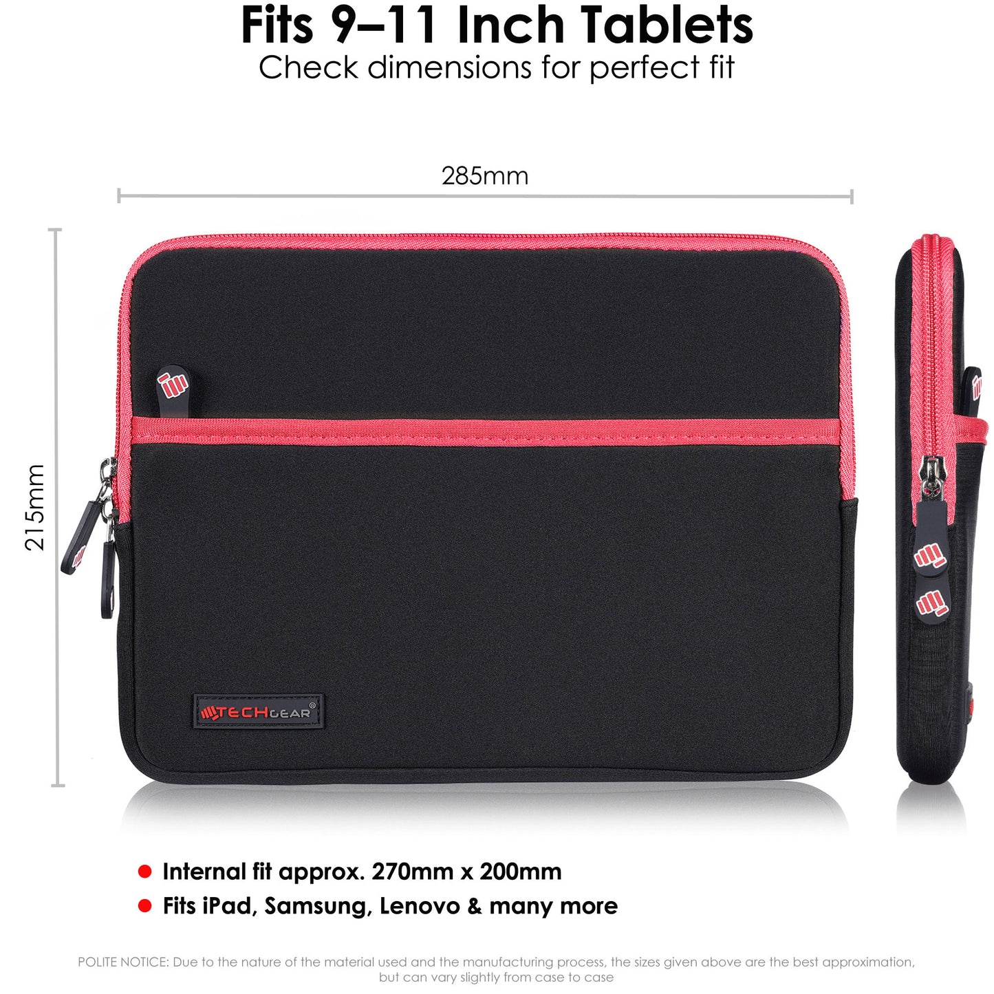 TECHGEAR Tablet Sleeve Case 7–13 Inch - Shockproof Neoprene Pouch with Bubble Protection, Zip Pocket, Slim Protective iPad Samsung Tablet Laptop Sleeve