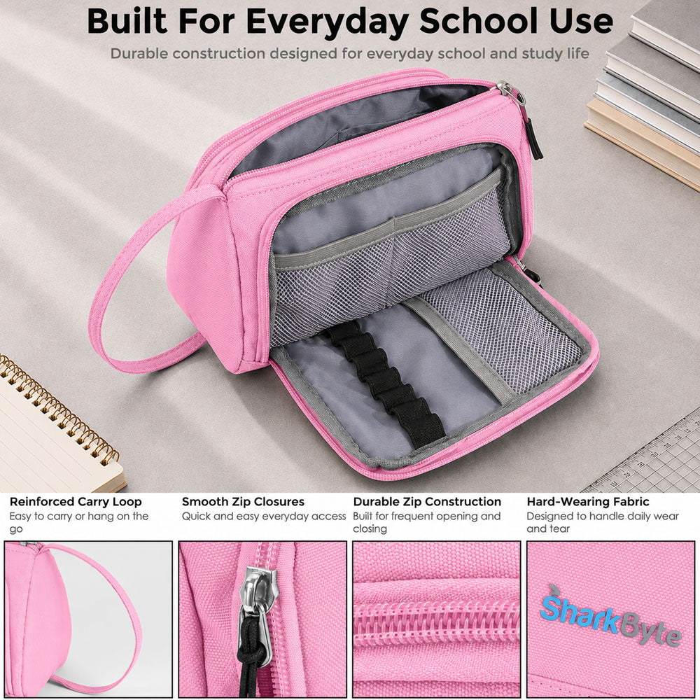 SharkByte Large Pencil Case Organiser - Big Capacity Stationery Storage Pouch with Compartments for School, College, Study, Office, Travel & Everyday Organisation