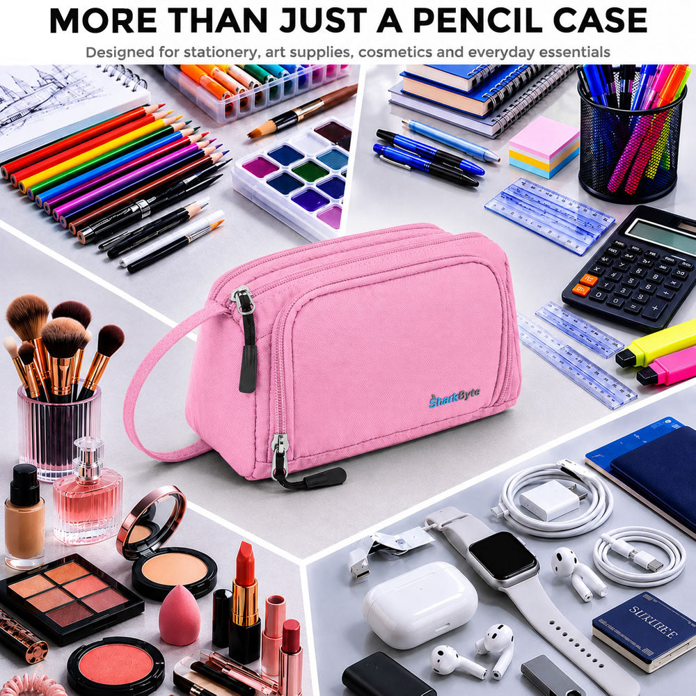 SharkByte Large Pencil Case Organiser - Big Capacity Stationery Storage Pouch with Compartments for School, College, Study, Office, Travel & Everyday Organisation