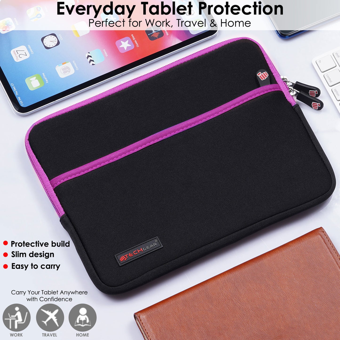 TECHGEAR Tablet Sleeve Case 7–13 Inch - Shockproof Neoprene Pouch with Bubble Protection, Zip Pocket, Slim Protective iPad Samsung Tablet Laptop Sleeve