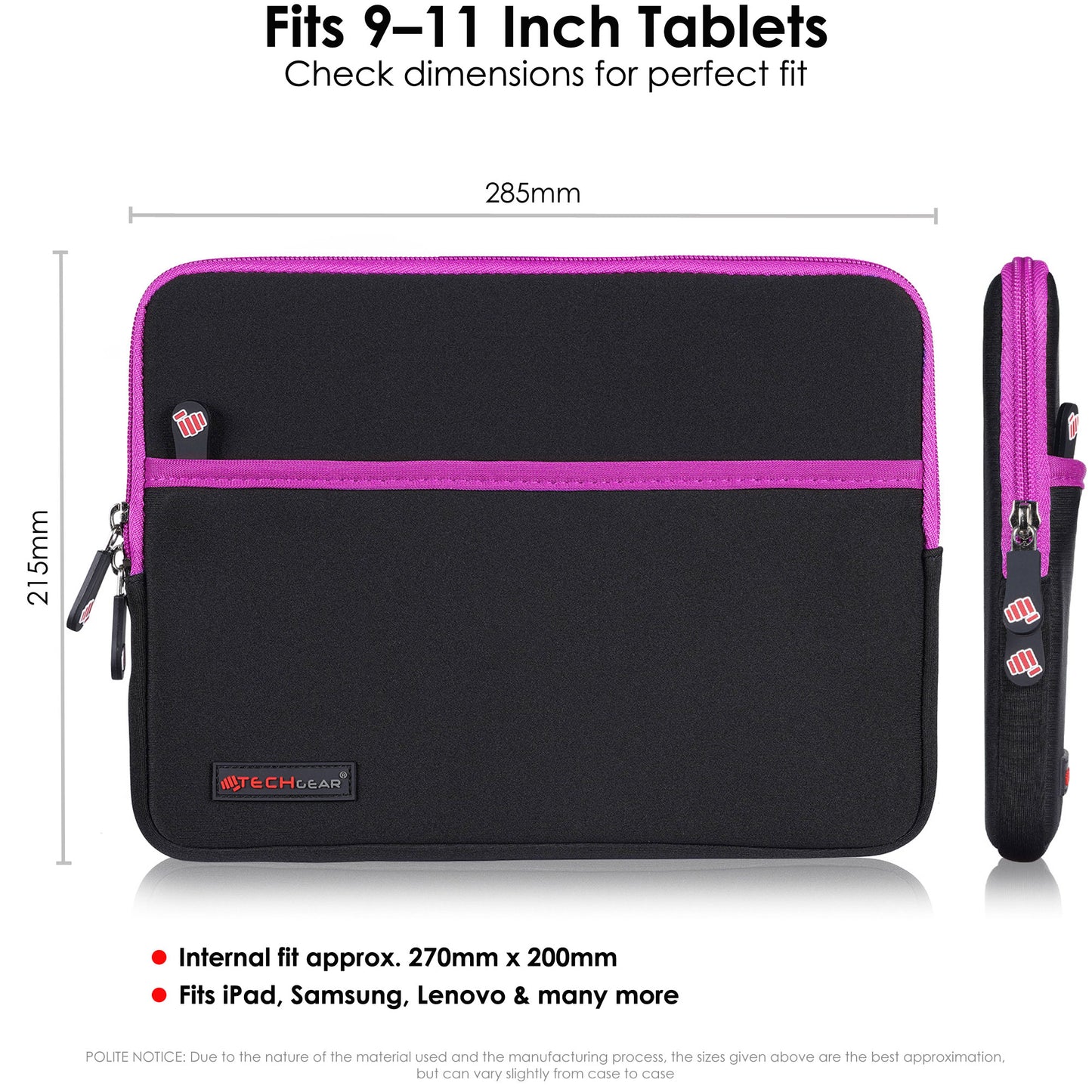 TECHGEAR Tablet Sleeve Case 7–13 Inch - Shockproof Neoprene Pouch with Bubble Protection, Zip Pocket, Slim Protective iPad Samsung Tablet Laptop Sleeve