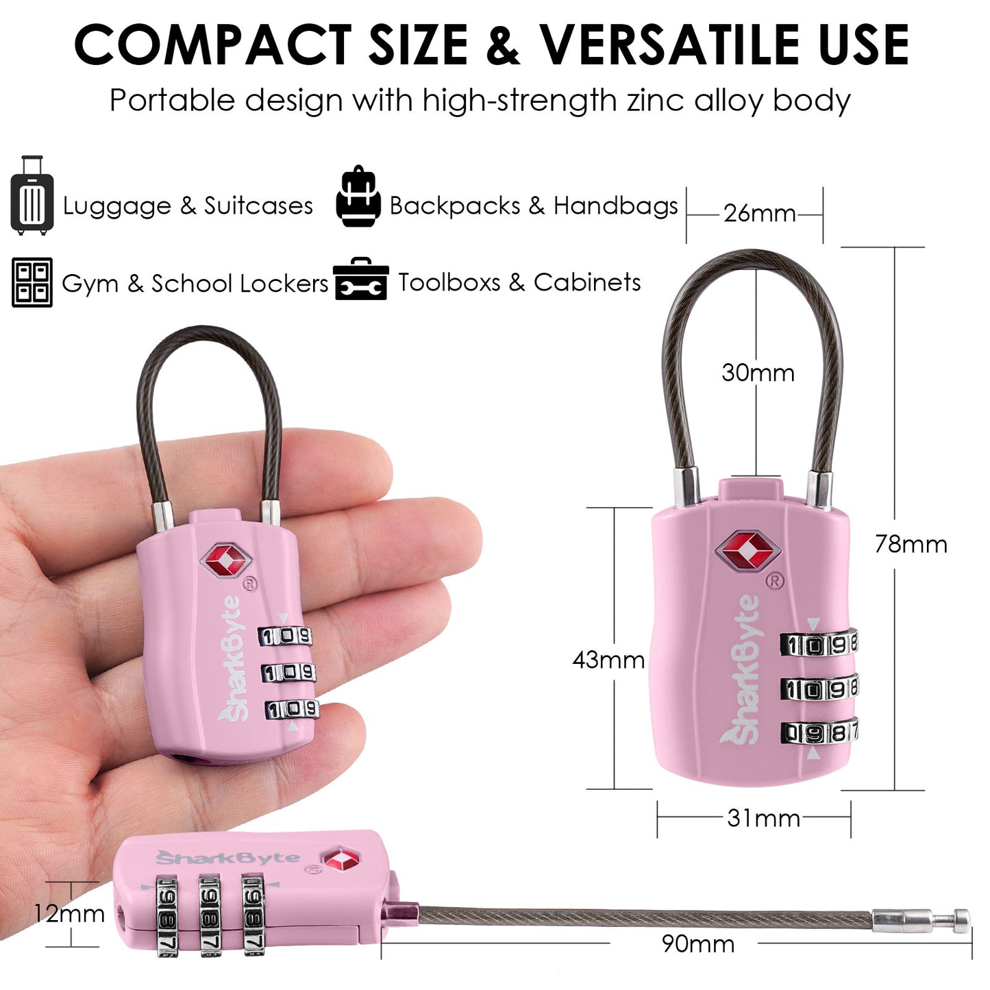 SharkByte TSA Suitcase Locks – 3-Dial Combination Cable Wire Travel Padlock for Luggage, Suitcases, Backpacks, Gym Lockers & Travel Bags (1 / 2 / 3 / 4 Pack)
