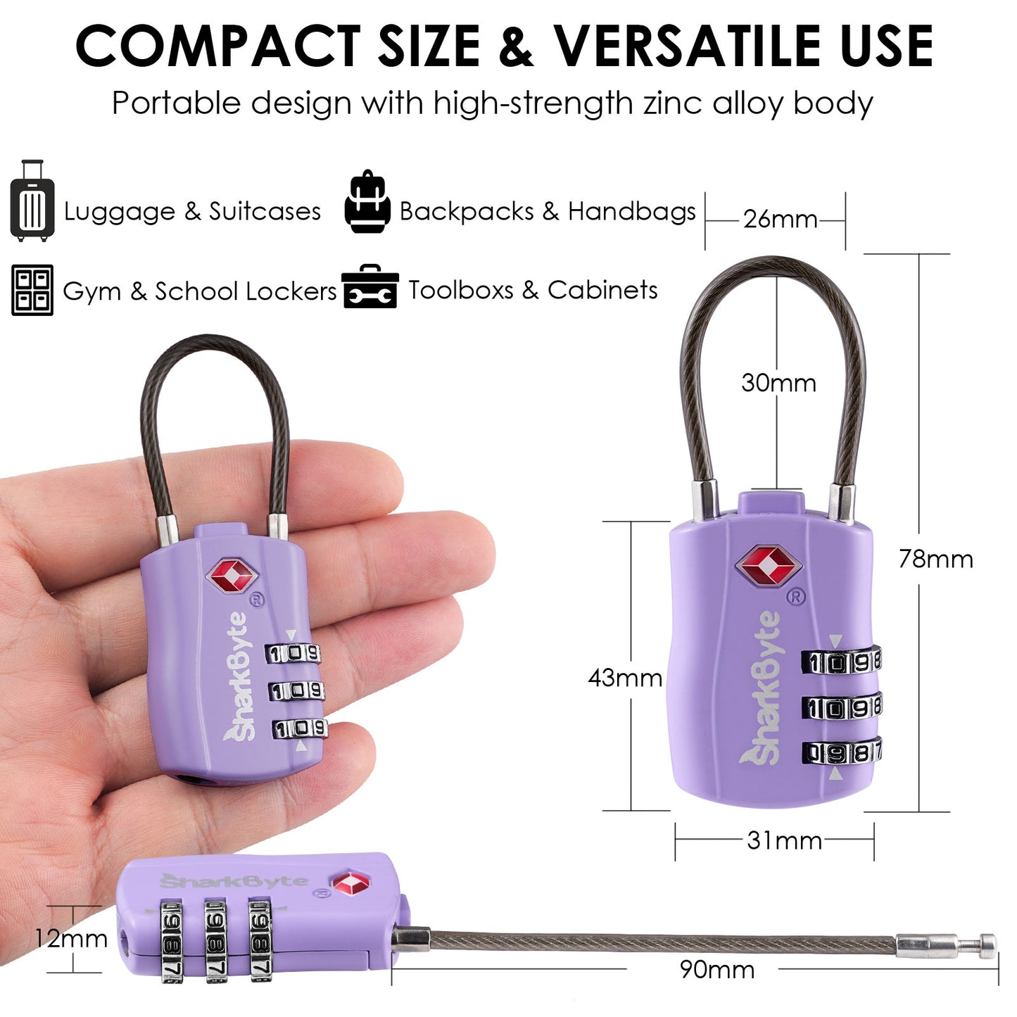 SharkByte TSA Suitcase Locks – 3-Dial Combination Cable Wire Travel Padlock for Luggage, Suitcases, Backpacks, Gym Lockers & Travel Bags (1 / 2 / 3 / 4 Pack)