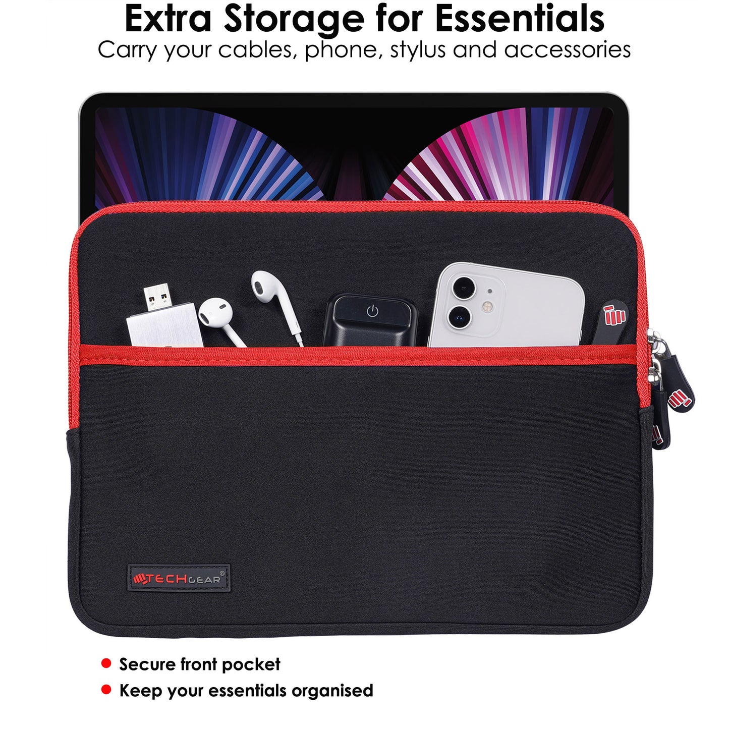 TECHGEAR Tablet Sleeve Case 7–13 Inch - Shockproof Neoprene Pouch with Bubble Protection, Zip Pocket, Slim Protective iPad Samsung Tablet Laptop Sleeve