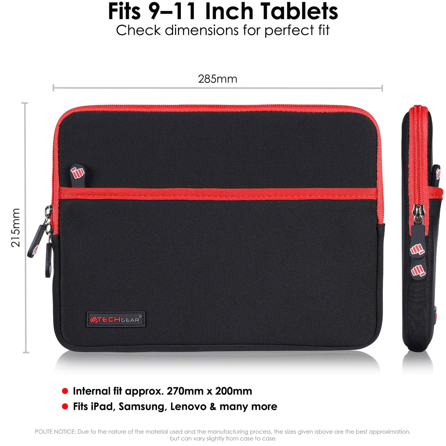 TECHGEAR Tablet Sleeve Case 7–13 Inch - Shockproof Neoprene Pouch with Bubble Protection, Zip Pocket, Slim Protective iPad Samsung Tablet Laptop Sleeve