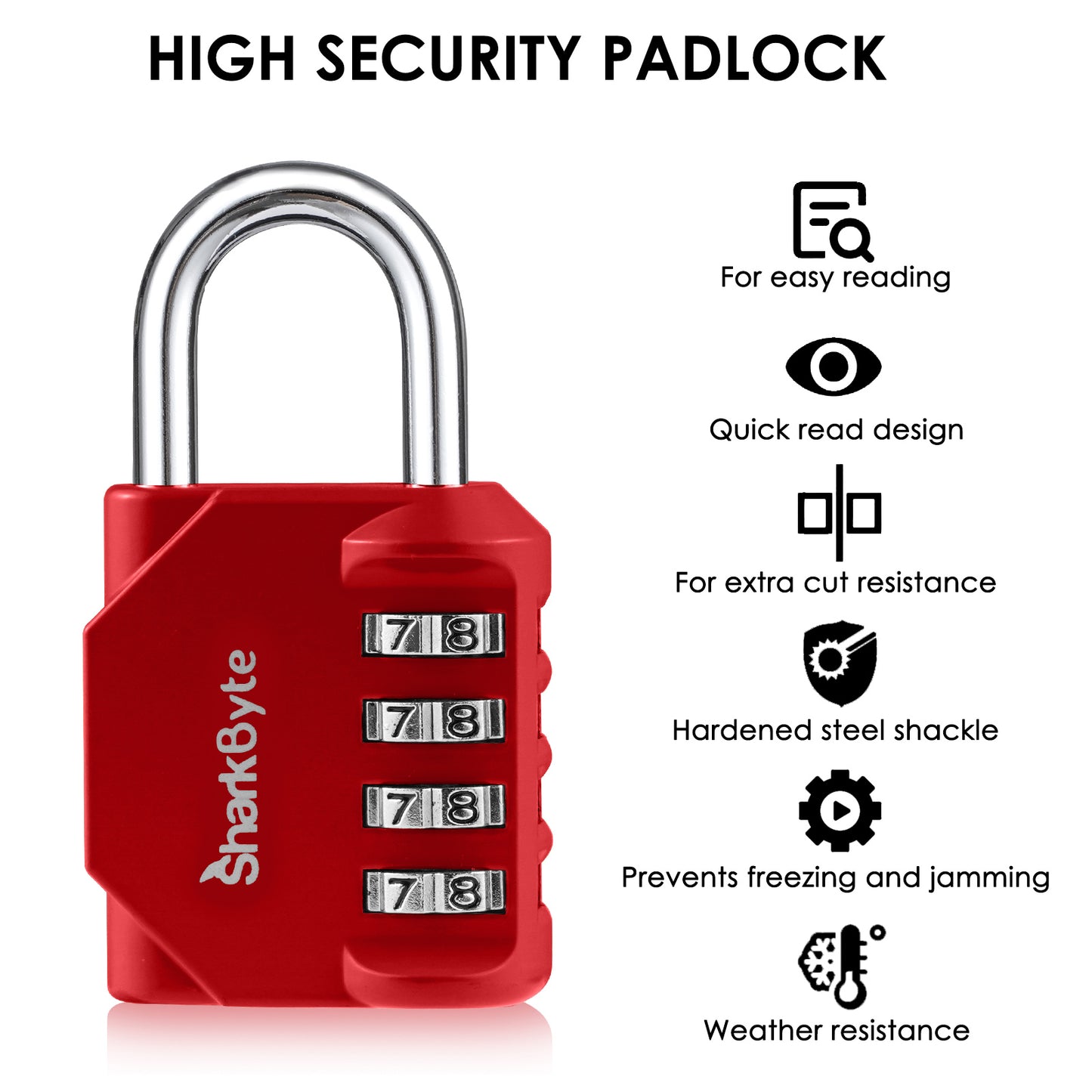 SharkByte Heavy Duty 4-Dial Combination Padlock – Weatherproof Outdoor Lock for Gym, School, Shed, Storage, Cabinet & Toolbox (1 / 2 / 3 / 4 Pack)