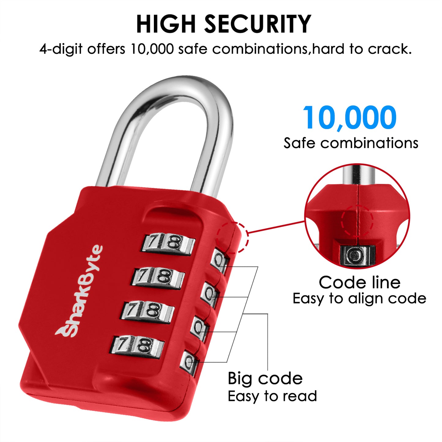 SharkByte Heavy Duty 4-Dial Combination Padlock – Weatherproof Outdoor Lock for Gym, School, Shed, Storage, Cabinet & Toolbox (1 / 2 / 3 / 4 Pack)