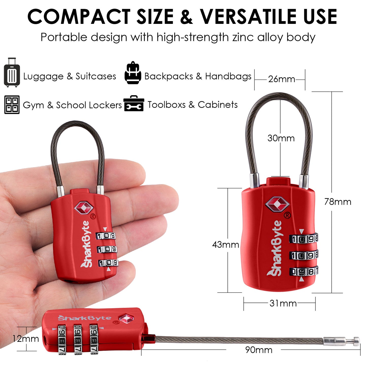 SharkByte TSA Suitcase Locks – 3-Dial Combination Cable Wire Travel Padlock for Luggage, Suitcases, Backpacks, Gym Lockers & Travel Bags (1 / 2 / 3 / 4 Pack)