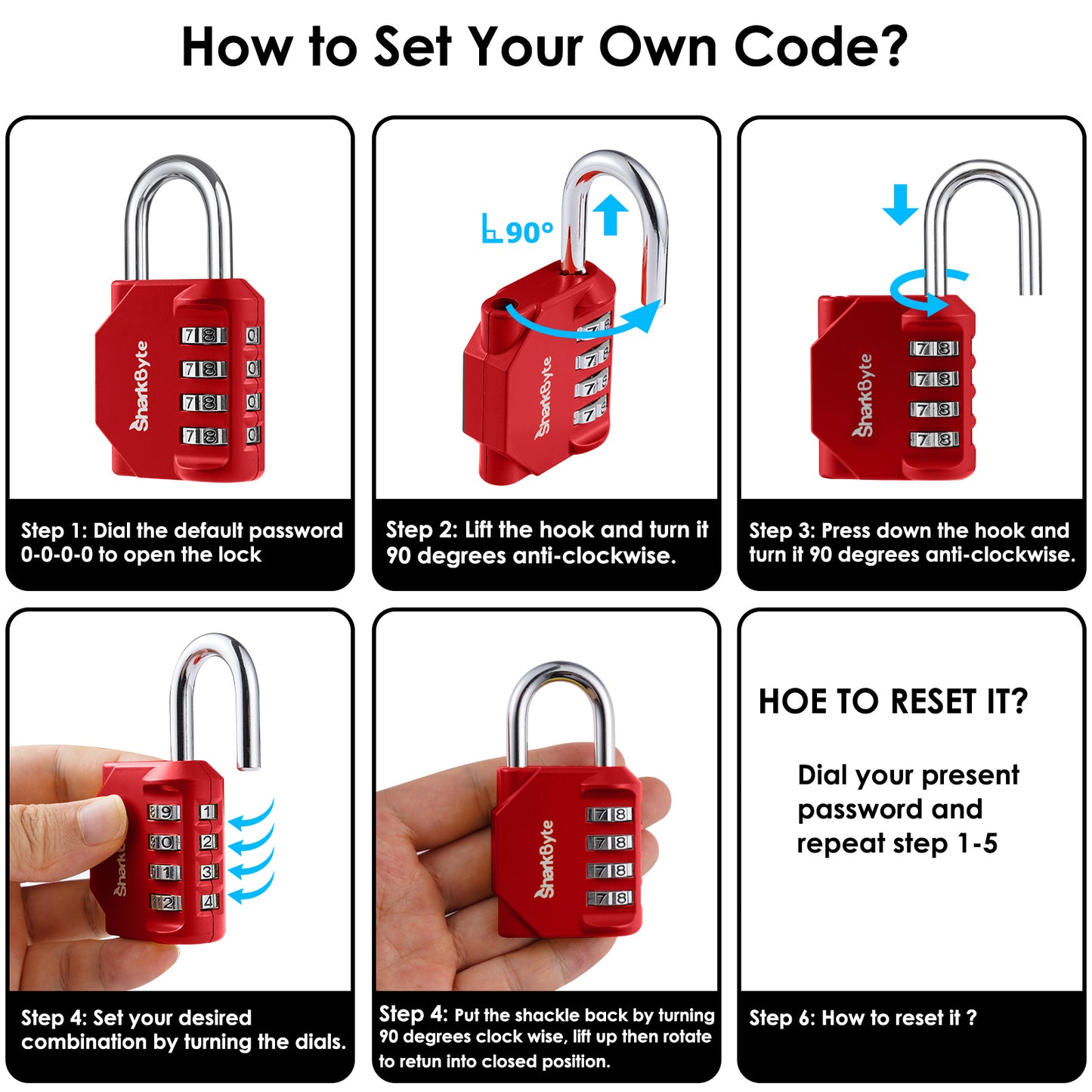 SharkByte Heavy Duty 4-Dial Combination Padlock – Weatherproof Outdoor Lock for Gym, School, Shed, Storage, Cabinet & Toolbox (1 / 2 / 3 / 4 Pack)