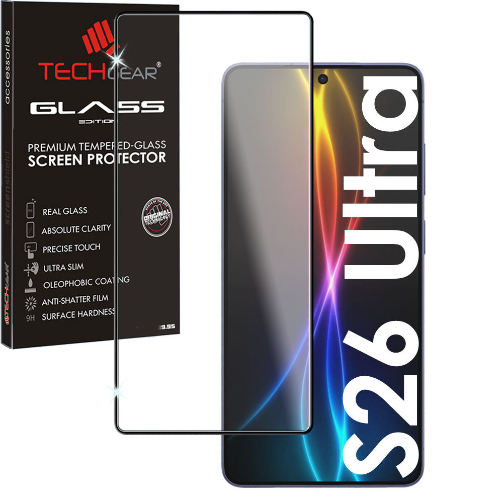 TECHGEAR Full Coverage Tempered Glass Screen Protector for Samsung Galaxy S26 Ultra 5G - 9H Full Glue Adhesion, Fingerprint ID & S Pen Compatible, Edge to Edge Protection (1 Pack / 2 Pack)