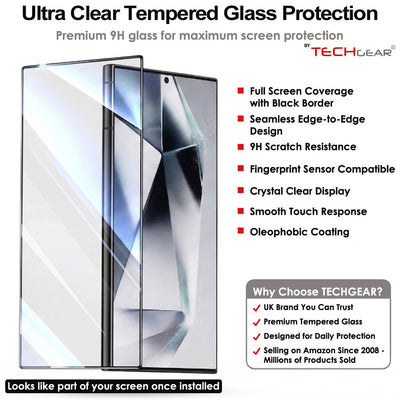 TECHGEAR Full Coverage Tempered Glass Screen Protector for Samsung Galaxy S26 Ultra 5G - 9H Full Glue Adhesion, Fingerprint ID & S Pen Compatible, Edge to Edge Protection (1 Pack / 2 Pack)