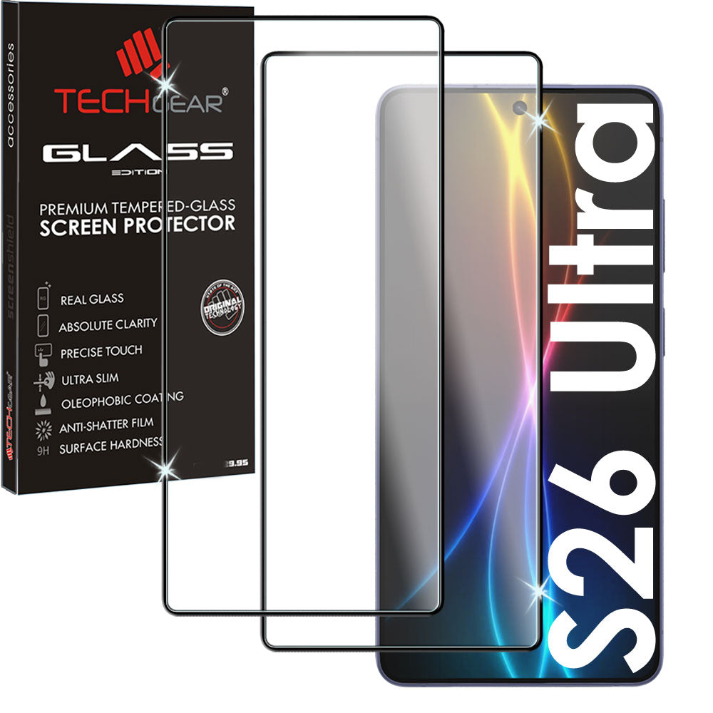 TECHGEAR Full Coverage Tempered Glass Screen Protector for Samsung Galaxy S26 Ultra 5G - 9H Full Glue Adhesion, Fingerprint ID & S Pen Compatible, Edge to Edge Protection (1 Pack / 2 Pack)