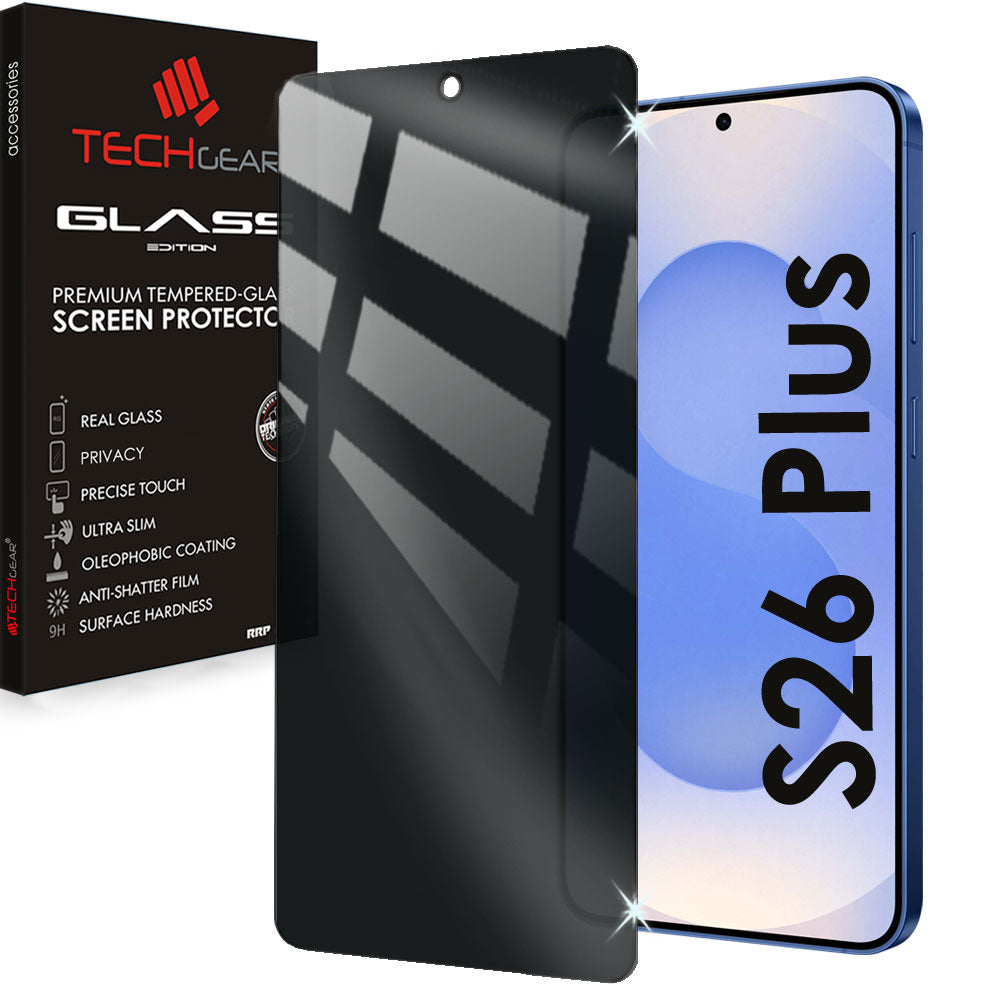 TECHGEAR Privacy Tempered Glass Screen Protector for Samsung Galaxy S26 Plus 5G - Anti Spy 3D Full Coverage, 9H Scratch Resistant, Fingerprint Compatible (1 Pack / 2 Pack)