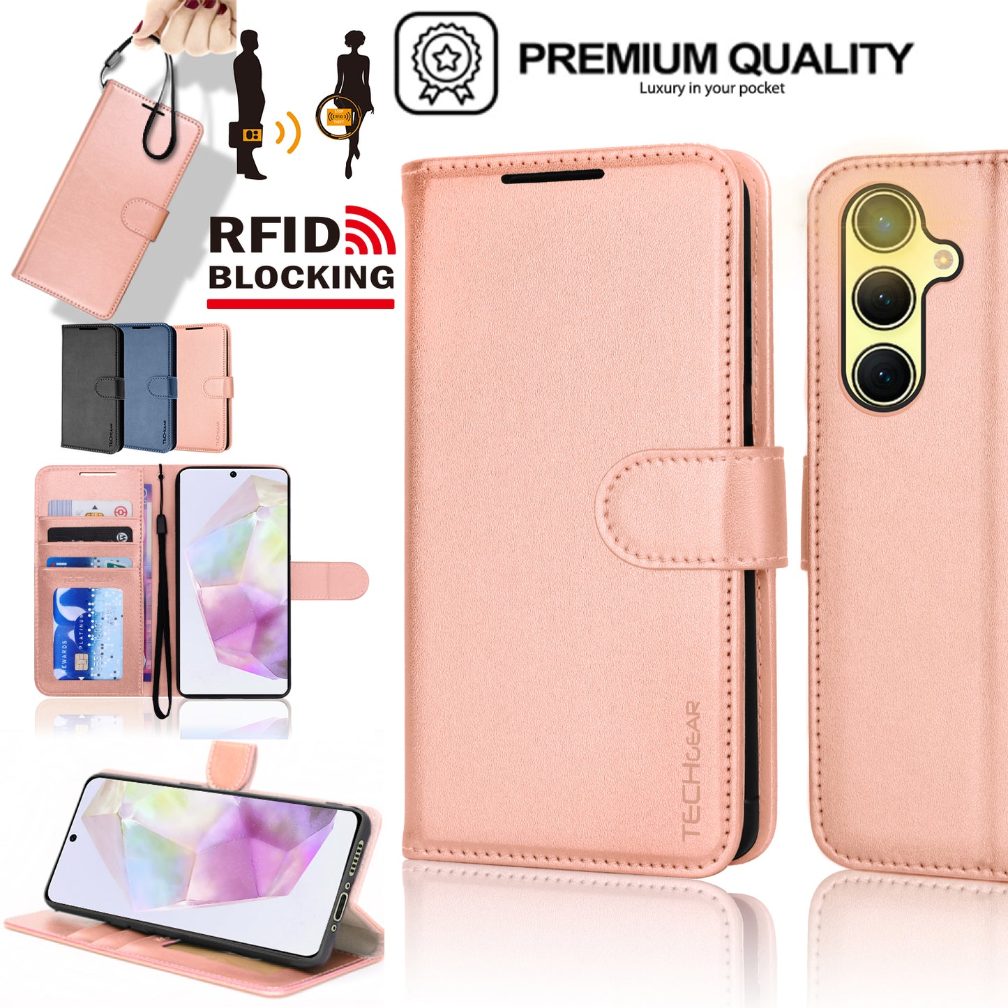 TECHGEAR RFID Wallet Case for Samsung Galaxy A37 5G / A37 4G – Premium PU Leather Flip Cover with Card Slots, Clear ID Window, Kickstand & Wrist Strap