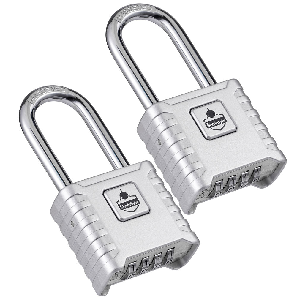 SharkByte Heavy Duty Long Shackle Combination Padlock 52mm – Weatherproof Outdoor Lock with 8mm Stainless Steel Shackle, Anti-Rust, Resettable Code, One-Button Locking for Gate, Warehouse, School, Shed, Storage, Garage (1 / 2 Pack)
