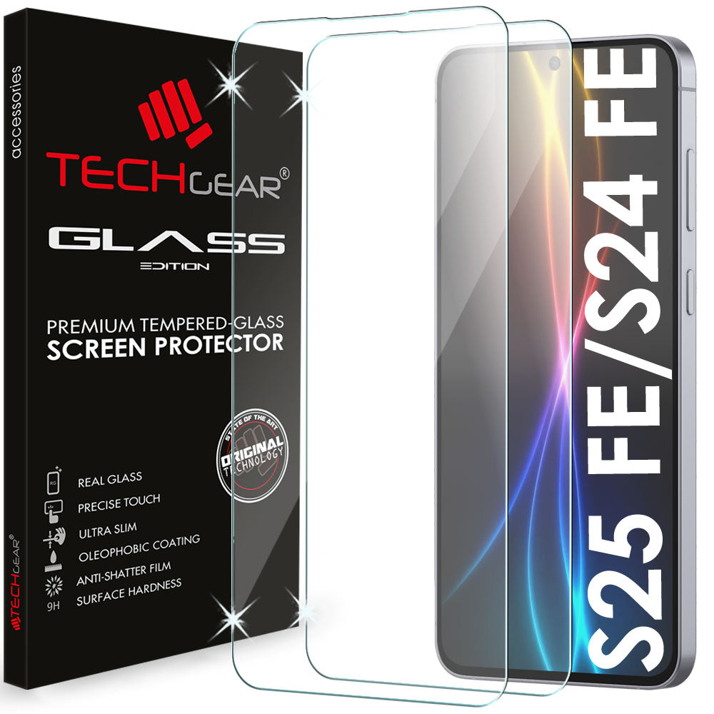 TECHGEAR Clear Glass Screen Protector for Samsung Galaxy S25 FE (2025) & S24 FE (2024) – HD Clarity 9H Tempered Glass with Easy-Clean Surface – Case Friendly – 1 Pack / 2 Pack / 3 Pack
