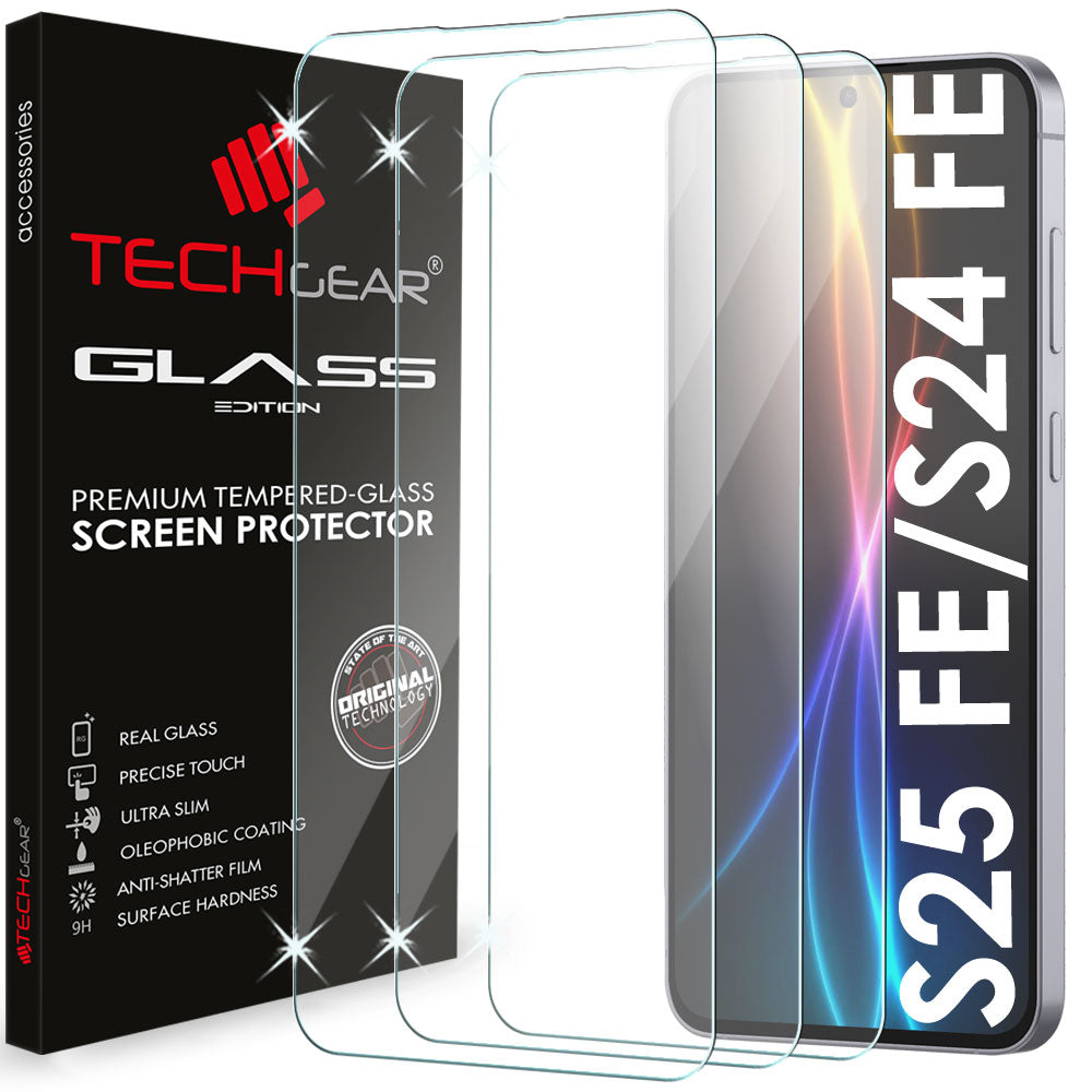 TECHGEAR Clear Glass Screen Protector for Samsung Galaxy S25 FE (2025) & S24 FE (2024) – HD Clarity 9H Tempered Glass with Easy-Clean Surface – Case Friendly – 1 Pack / 2 Pack / 3 Pack