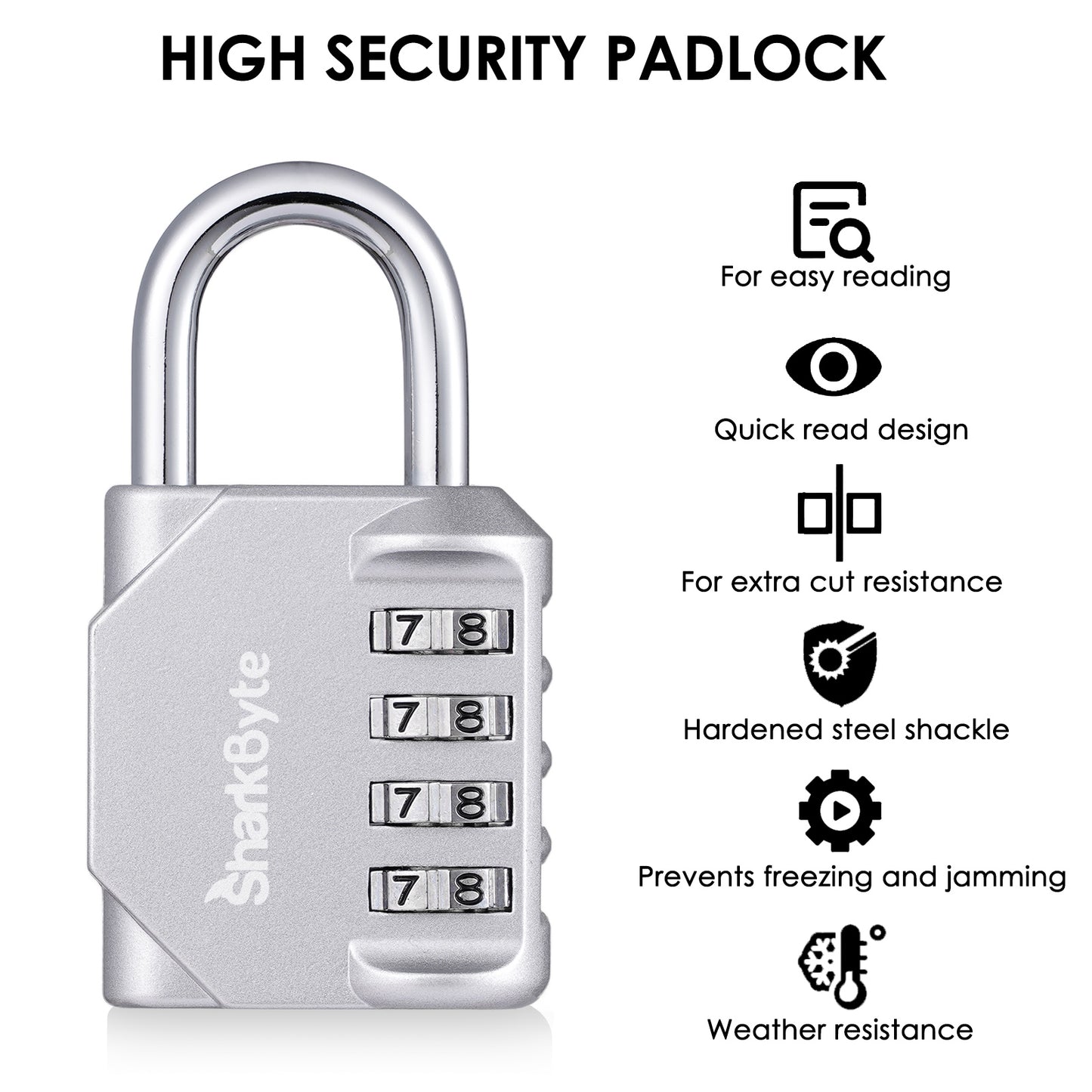 SharkByte Heavy Duty 4-Dial Combination Padlock – Weatherproof Outdoor Lock for Gym, School, Shed, Storage, Cabinet & Toolbox (1 / 2 / 3 / 4 Pack)