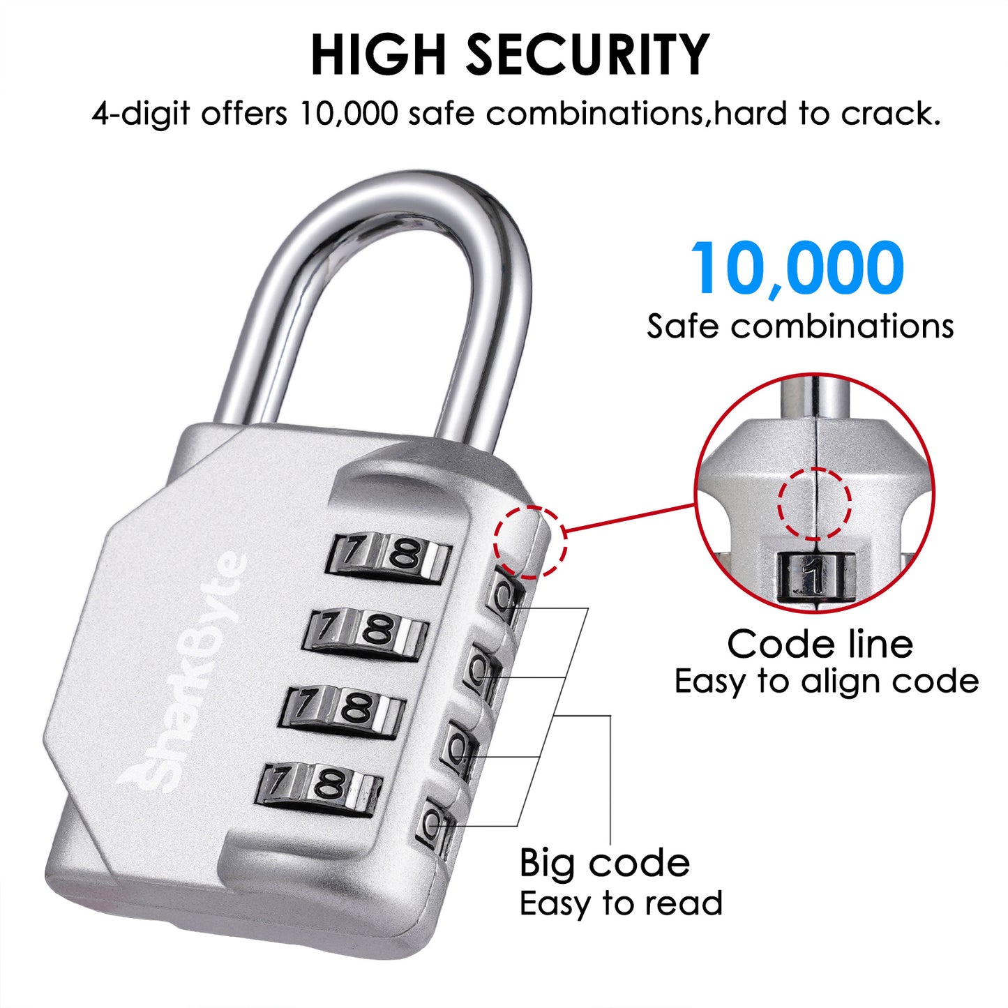 SharkByte Heavy Duty 4-Dial Combination Padlock – Weatherproof Outdoor Lock for Gym, School, Shed, Storage, Cabinet & Toolbox (1 / 2 / 3 / 4 Pack)