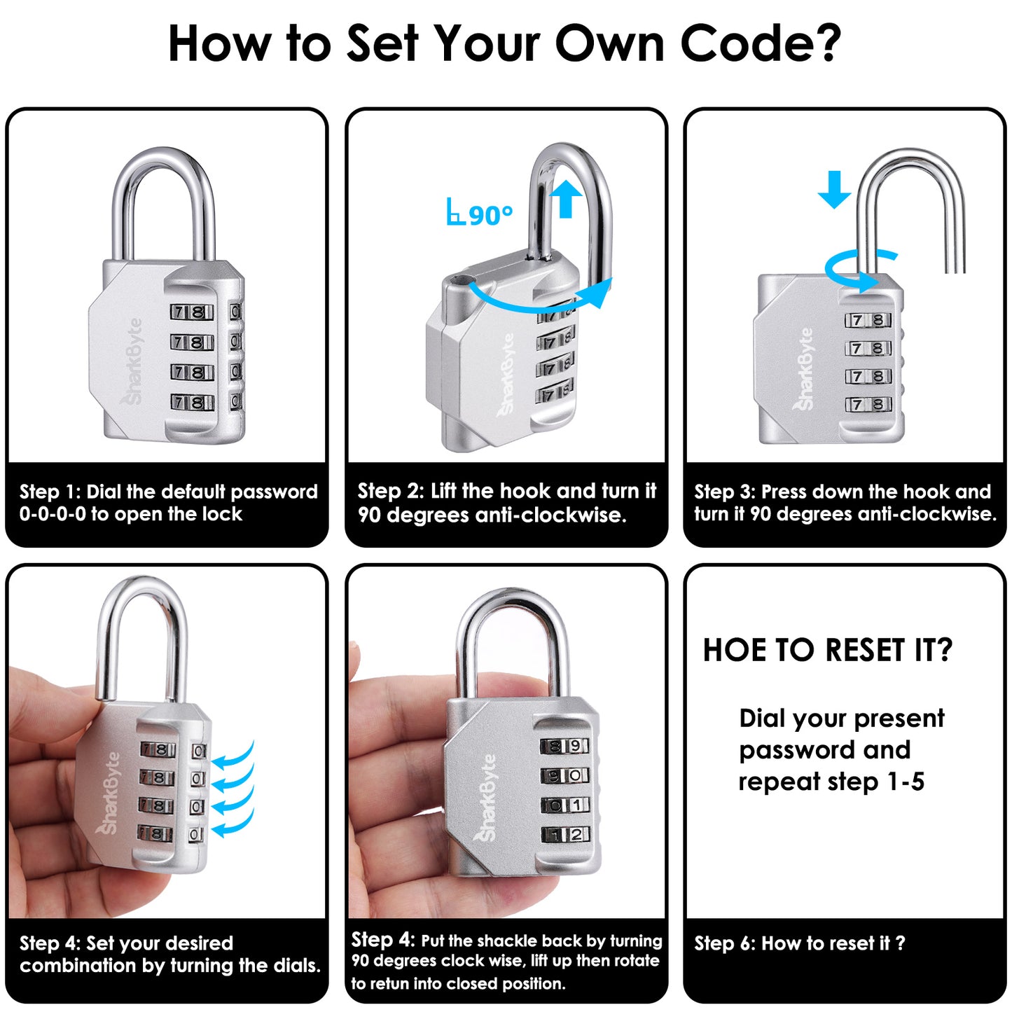 SharkByte Heavy Duty 4-Dial Combination Padlock – Weatherproof Outdoor Lock for Gym, School, Shed, Storage, Cabinet & Toolbox (1 / 2 / 3 / 4 Pack)