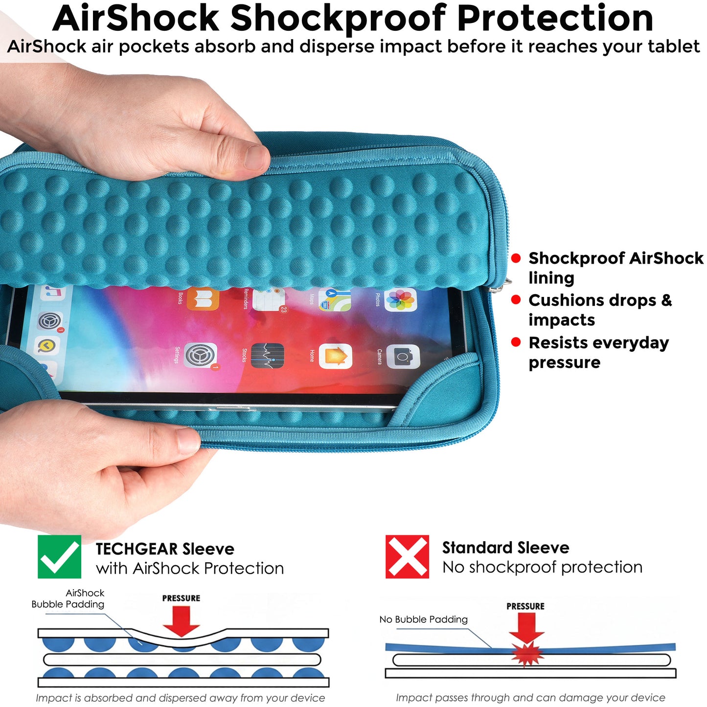 TECHGEAR AirShock Universal Tablet Sleeve | Shockproof Protective Sleeve Case for 7-13 Inch Tablets | Water-Resistant Oxford Fabric with Front Storage Pocket