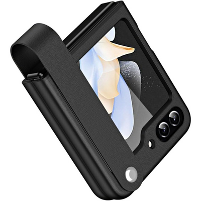 Samsung Galaxy Z Flip 5 Case, Z Flip 5 Leather Case with Leather Finger Holder, Hard PC Shockproof Case