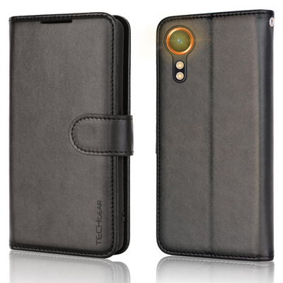 [Leather Wallet Case] Protective Cover with Cash & Card Holder, Stand and Wrist Strap For Samsung XCover 7 5G