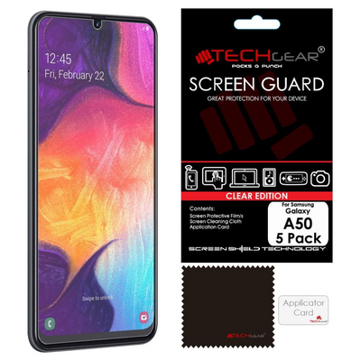 [5 Pack] TECHGEAR Screen Protectors Compatible with Samsung Galaxy A50, CLEAR LCD Screen Protectors Cover Guards
