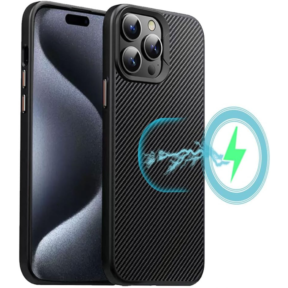 [Carbon Fibre Detail] Shockproof, Anti-Scratch, Slim Hybrid Gel Bumper Case with Hard Back Compatible with MagSafe Cover for iPhone 15 Pro Max 6.7"