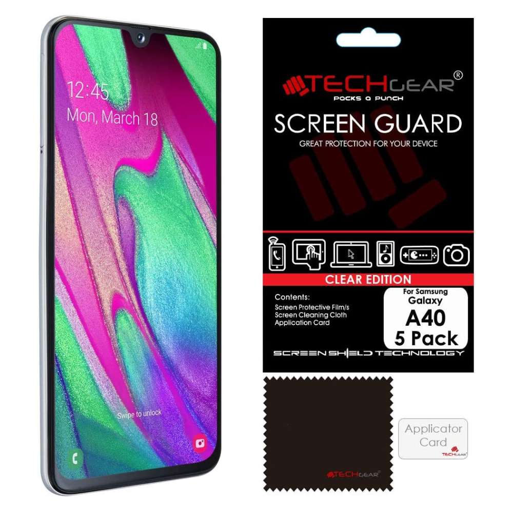 [5 Pack] TECHGEAR Screen Protectors Compatible with Samsung Galaxy A40, CLEAR LCD Screen Protectors Cover Guards