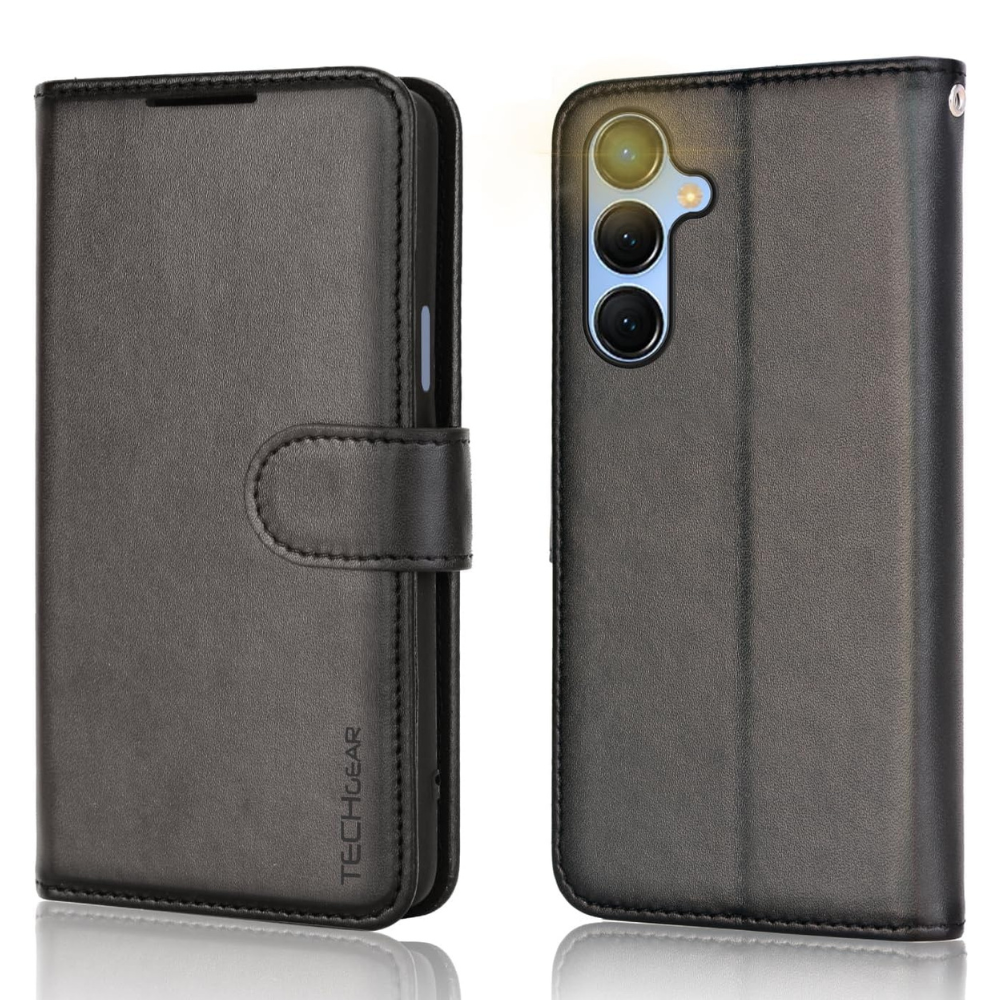[Leather Wallet Case] Protective Cover with Cash & Card Holder, Stand and Wrist Strap For Samsung Galaxy A15 5g