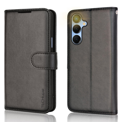 [Leather Wallet Case] Protective Cover with Cash & Card Holder, Stand and Wrist Strap For Samsung Galaxy A15 5g