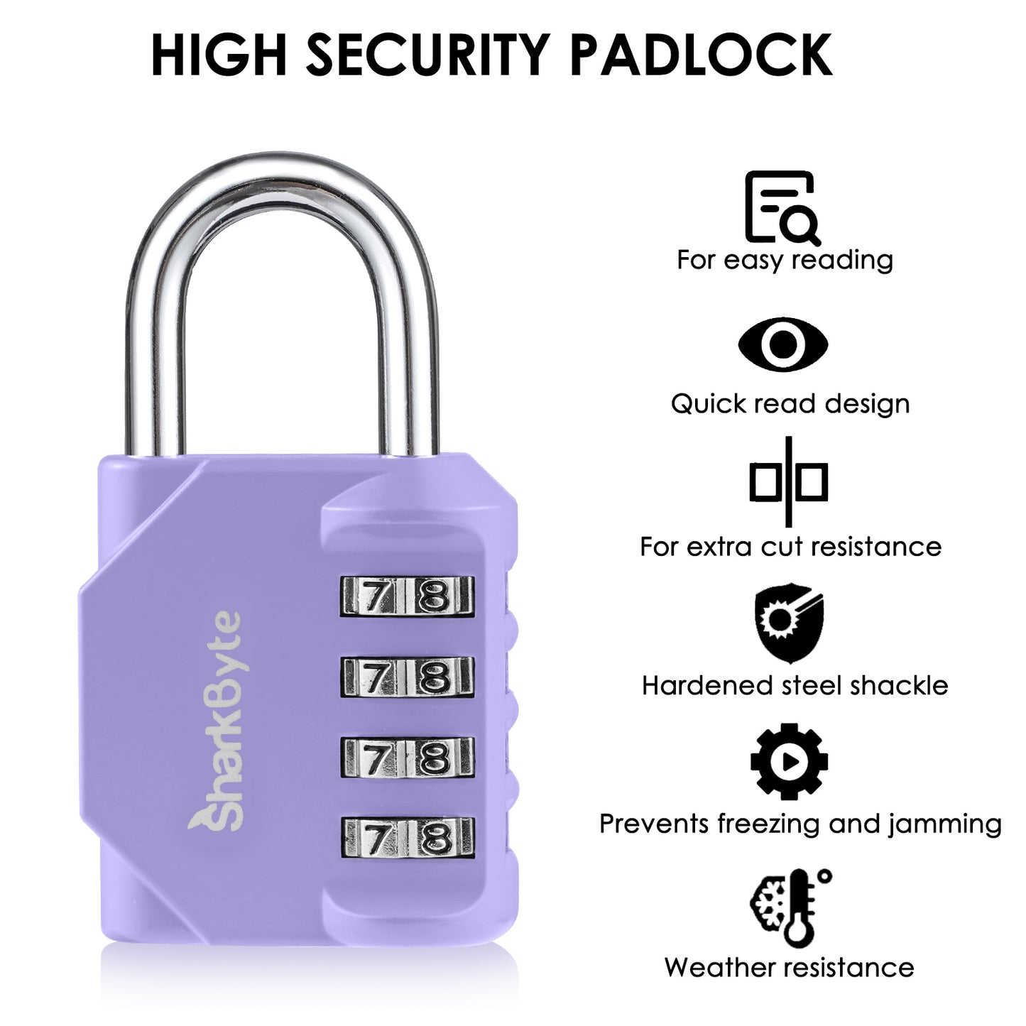 SharkByte Heavy Duty 4-Dial Combination Padlock – Weatherproof Outdoor Lock for Gym, School, Shed, Storage, Cabinet & Toolbox (1 / 2 / 3 / 4 Pack)