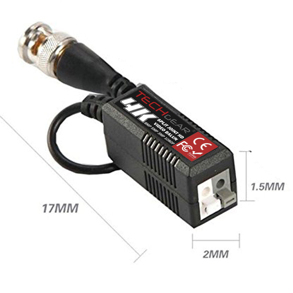 TECHGEAR CCTV Video Balun 4K 8MP BNC to RJ45 Connector, Easy Press-Fit - Passive UTP CAT5/6 Camera Adapter (Multi Pack Pairs)