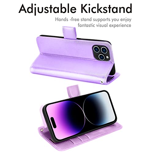 [Wallet Case] Protective Cover with Cash & Card Holder, Stand and Wrist Strap For Apple iPhone 14 Pro