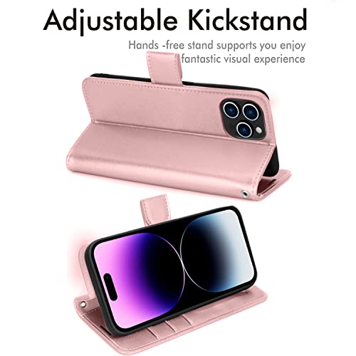 [Wallet Case] Protective Cover with Cash & Card Holder, Stand and Wrist Strap For Apple iPhone 14 Pro