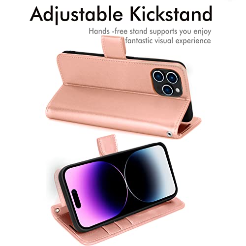 [Wallet Case] Protective Cover with Cash & Card Holder, Stand and Wrist Strap For Apple iPhone 14 Pro