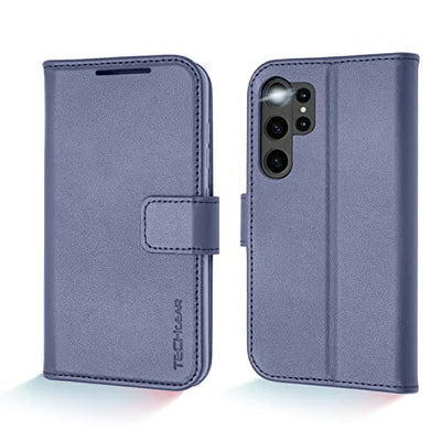 [Leather Wallet Case] Genuine Leather [RFID Blocking] Magnetic Flip Case with Card & Slots and Stand For Samsung Galaxy S23 Ultra