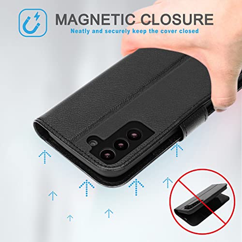 [Leather Wallet Case] Genuine Leather [RFID Blocking] Magnetic Flip Case with Card & Slots and Stand For Samsung Galaxy S22 Plus