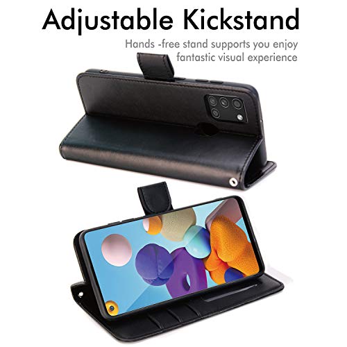 [Wallet Case] Protective Cover with Cash & Card Holder, Stand and Wrist Strap For Samsung Galaxy A21s