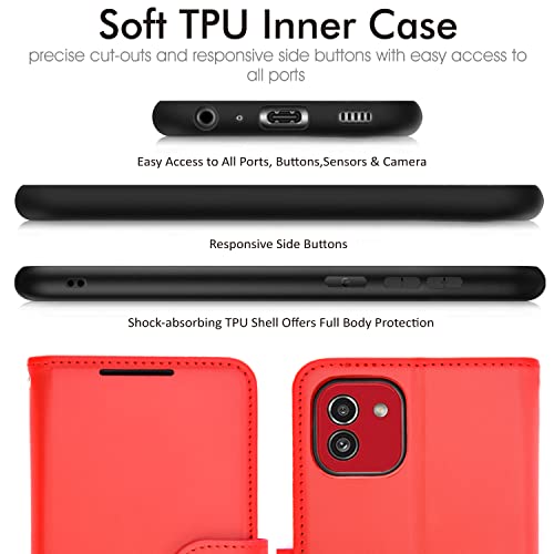 [Wallet Case] Protective Cover with Cash & Card Holder, Stand and Wrist Strap For Samsung Galaxy A03