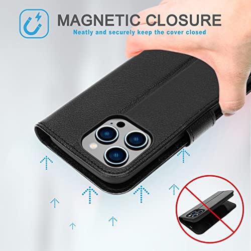 [Leather Wallet Case] Genuine Leather [RFID Blocking] Magnetic Flip Case with Card & Slots and Stand For iPhone 14 Pro