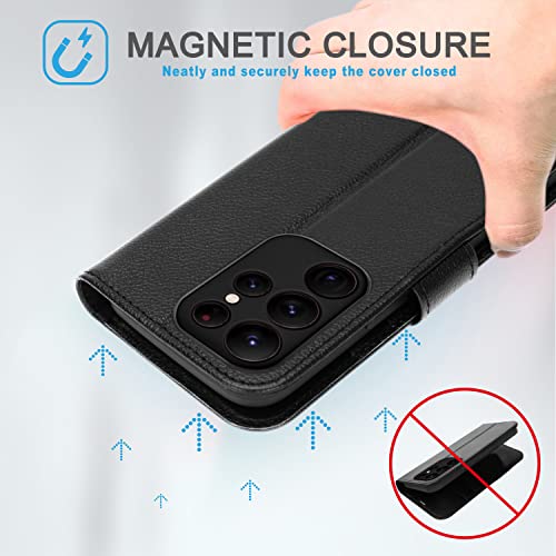 [Leather Wallet Case] Genuine Leather [RFID Blocking] Magnetic Flip Case with Card & Slots and Stand For Samsung Galaxy S22 Ultra