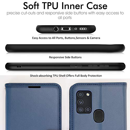 [Wallet Case] Protective Cover with Cash & Card Holder, Stand and Wrist Strap For Samsung Galaxy A21s