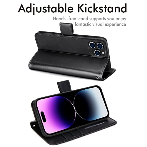 [Wallet Case] Protective Cover with Cash & Card Holder, Stand and Wrist Strap For Apple iPhone 14 Pro