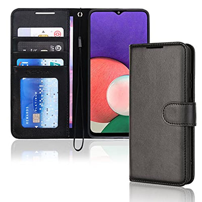 [Wallet Case] Protective Cover with Cash & Card Holder, Stand and Wrist Strap For Samsung Galaxy A22 5G